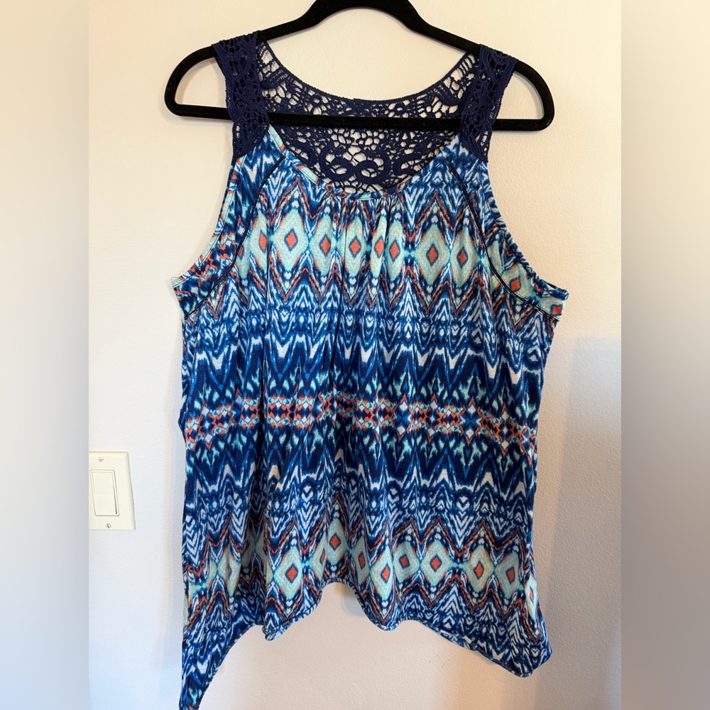 French Laundry Blue and Aqua Geometric Crochet-Back Tank